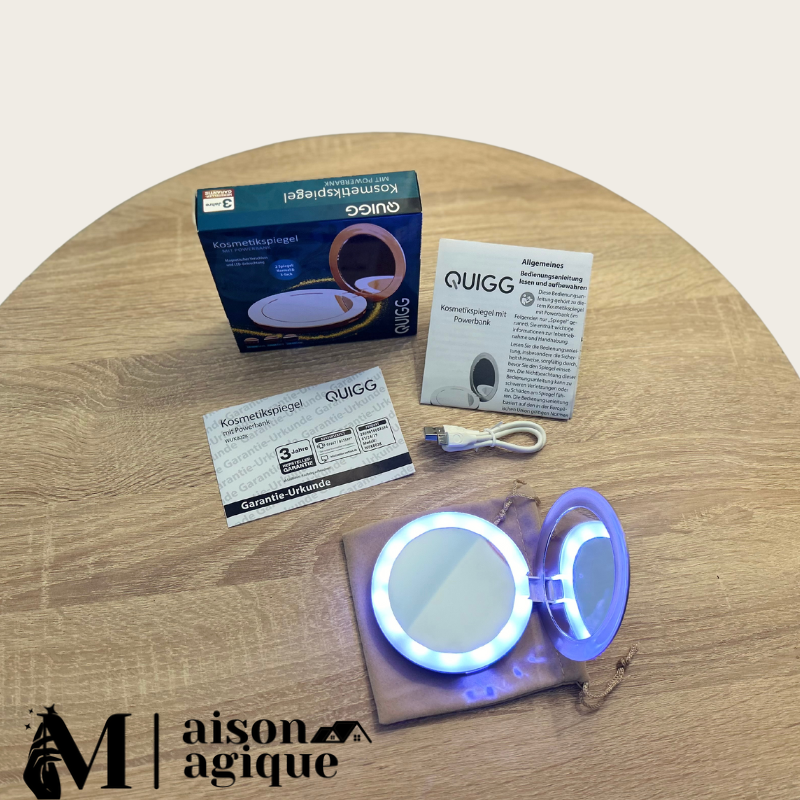 Miroir de maquillage et power bank portable avec éclairage LED rechargeable