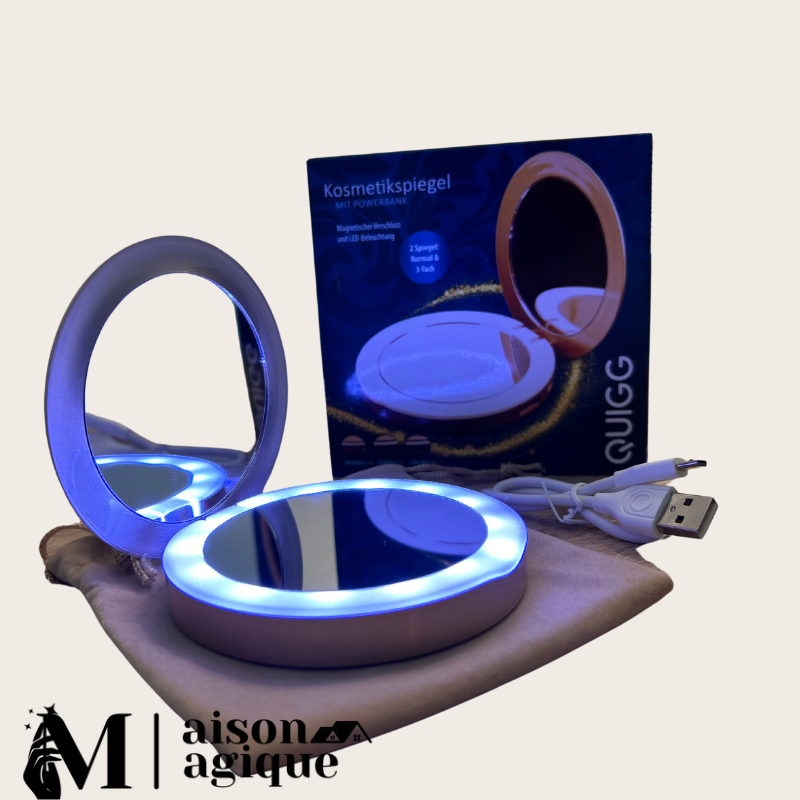 Miroir de maquillage et power bank portable avec éclairage LED rechargeable