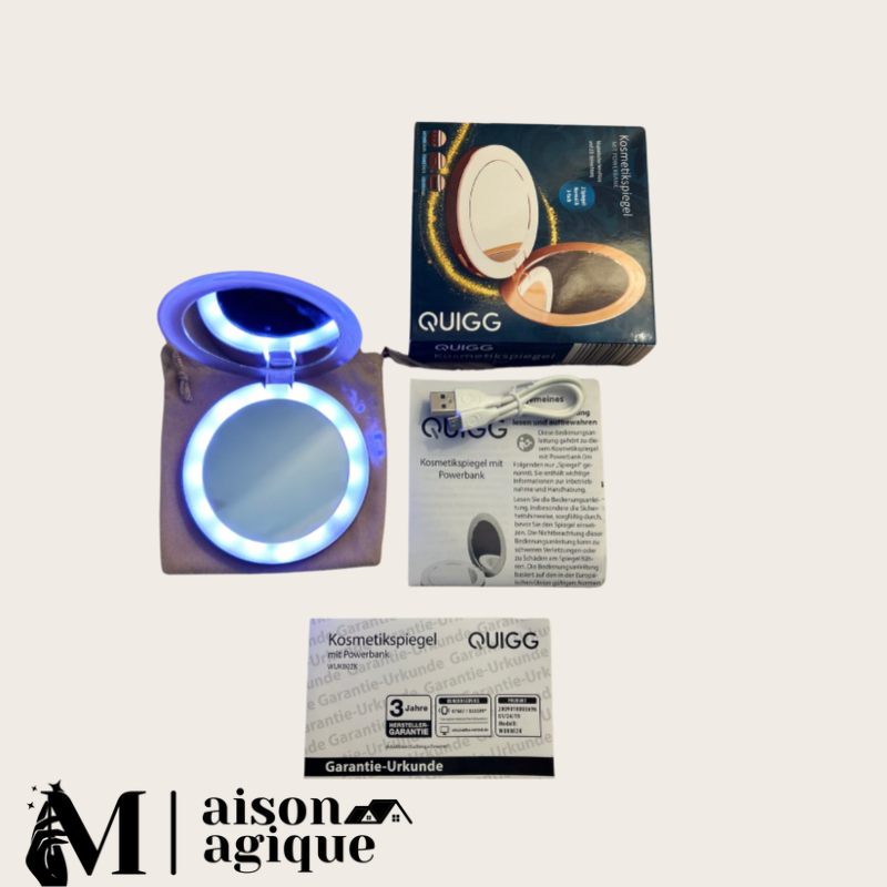 Miroir de maquillage et power bank portable avec éclairage LED rechargeable